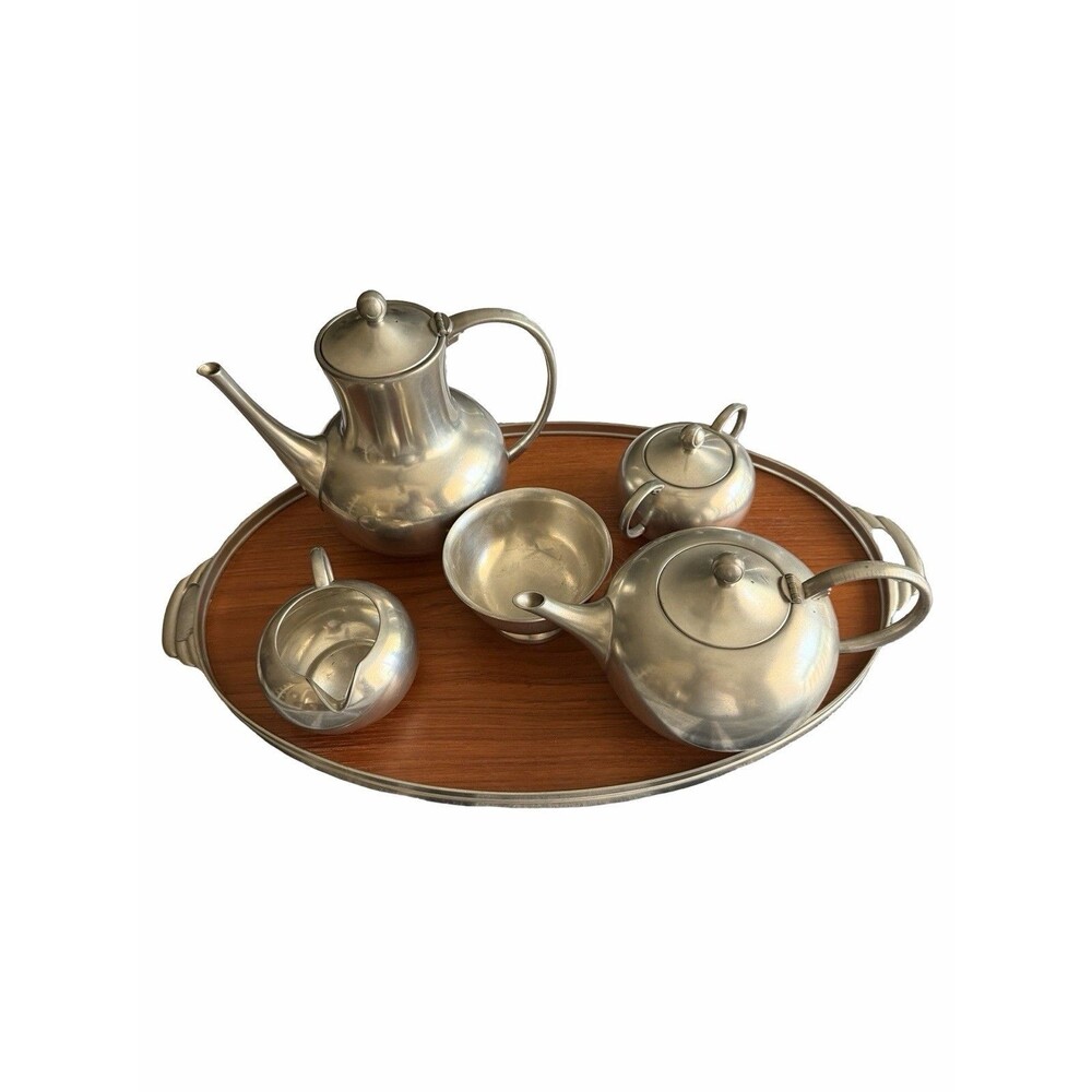 Vintage Royal Holland Daalderop Pewter Tea Coffee 6 Piece & Wood Tray KMD Tiel